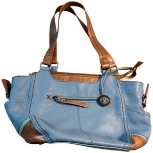 The Sak Purse Light Blue Leather Kendra Hobo Shoulder Bag Brown Double Straps